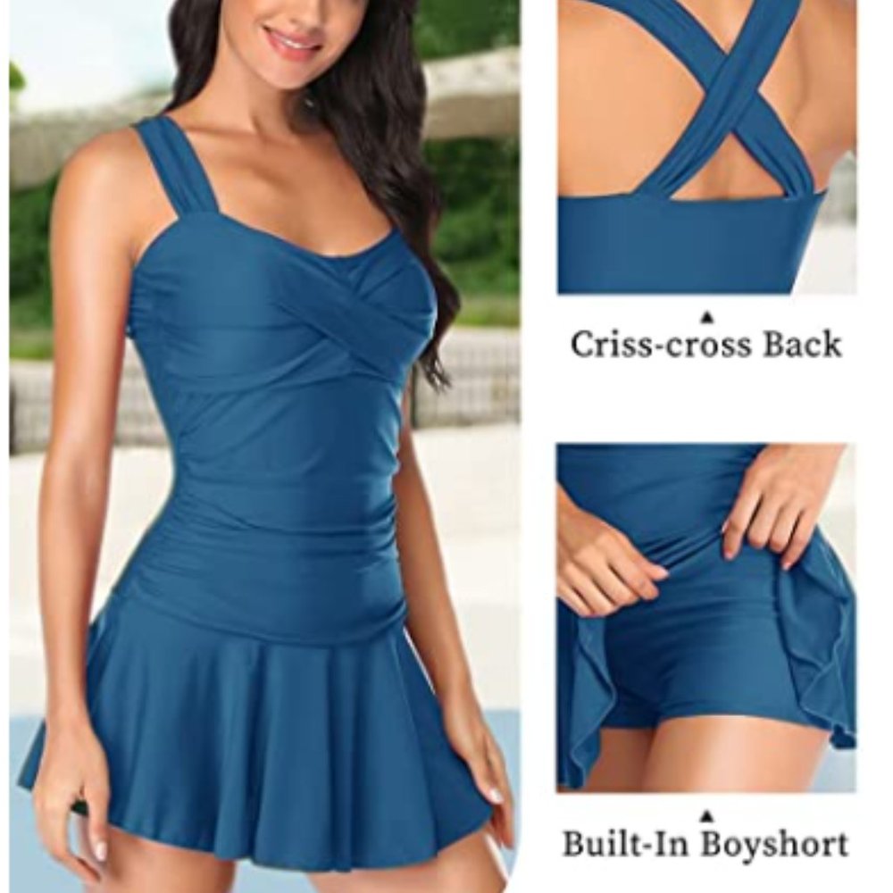 Blue Tummy Control Swimdress Bathing Suit - Picture 2 of 6